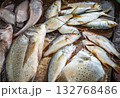 Fish variety on market. Fresh catch of fish, top view. Tropical Seafood in the Market 132768486