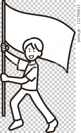 男性醫生揮舞旗幟的插圖(僅線條畫) 男性醫生揮舞旗幟的插圖(僅線條畫) 132768615