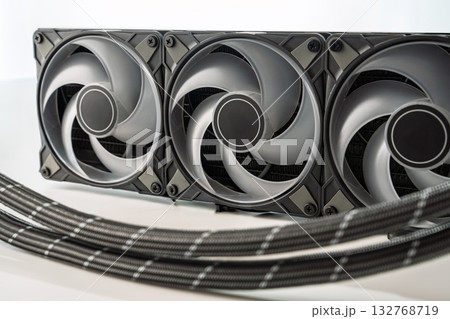 Triple Fan Radiator Cooling System for High-Performance Computer Builds, Isolated on White 132768719