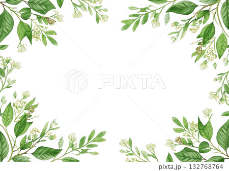 白い花と葉っぱの水彩フレーム｜結婚式 招待状 メッセージカード用 背景素材 132768764