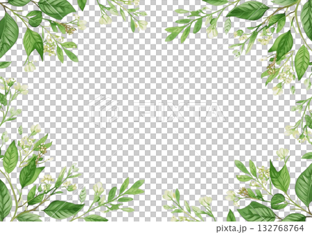 白い花と葉っぱの水彩フレーム｜結婚式 招待状 メッセージカード用 背景素材 132768764