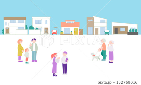 青空の下の街並みと穏やかな人々の暮らしのイメージイラスト 青空の下の街並みと穏やかな人々の暮らしのイメージイラスト 132769016
