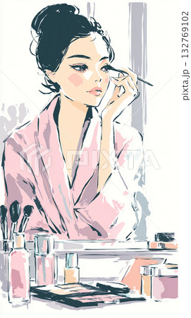 メイクをする女性 水彩風イラスト 美容イメージ 132769102