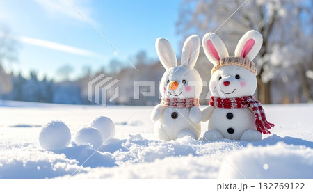 雪だるまをつくるウサギのぬいぐるみ 雪だるまをつくるウサギのぬいぐるみ 132769122