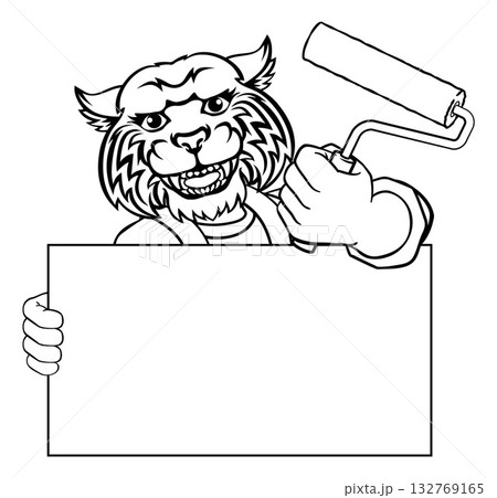 Wildcat Painter Decorator Paint Roller Mascot Man 132769165