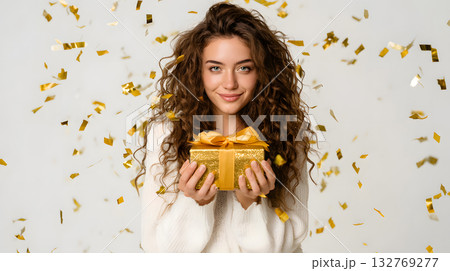 Young woman with curly hair holding a golden gift box surrounded by festive confetti Young woman with curly hair holding a golden gift box surrounded by festive confetti 132769277