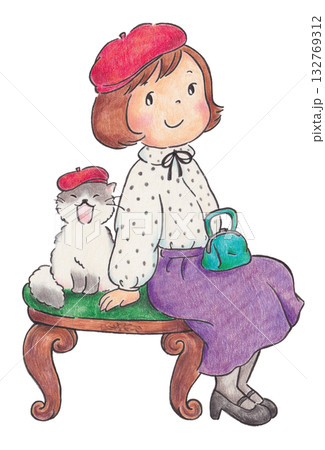 お揃いのベレー帽を被った猫と女の子のイラスト お揃いのベレー帽を被った猫と女の子のイラスト 132769312