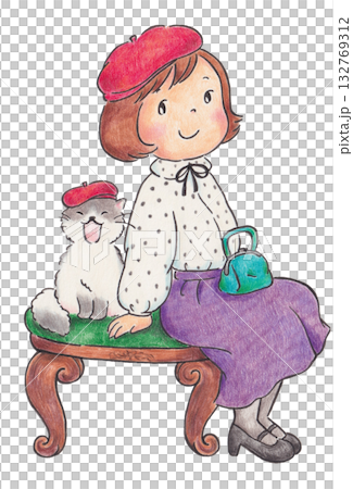 一隻貓和一個戴著同款貝雷帽的女孩的插圖 一隻貓和一個戴著同款貝雷帽的女孩的插圖 132769312