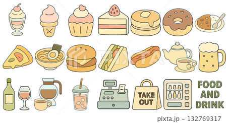 軽食・デザート・ドリンクのフラットイラスト素材、Flat Illustration Set 軽食・デザート・ドリンクのフラットイラスト素材、Flat Illustration Set 132769317