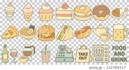 軽食・デザート・ドリンクのフラットイラスト素材、Flat Illustration Set 軽食・デザート・ドリンクのフラットイラスト素材、Flat Illustration Set 132769317