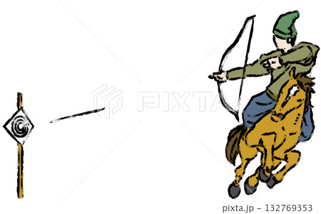 筆書きの流鏑馬、疾走する馬に乗って弓を射る武士の墨絵風イラスト 筆書きの流鏑馬、疾走する馬に乗って弓を射る武士の墨絵風イラスト 132769353