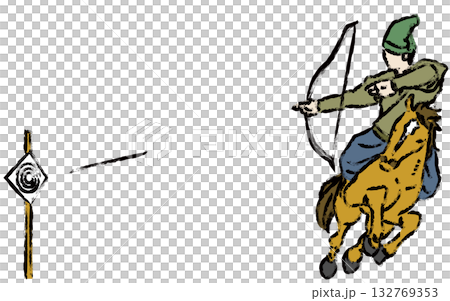 A brush-drawn illustration of Yabusame, a sumi-e style illustration of a samurai warrior shooting a bow on a galloping horse 132769353