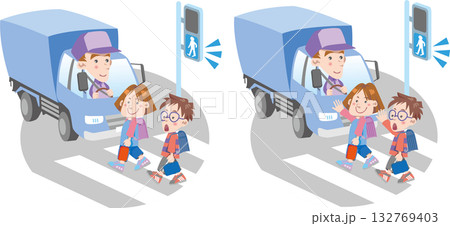 交通安全<横断歩道&子供&トラック(青信号)> 交通安全<横断歩道&子供&トラック(青信号)> 132769403