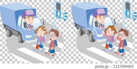交通安全<横断歩道&子供&トラック(青信号)> 交通安全<横断歩道&子供&トラック(青信号)> 132769403