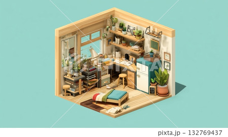 観葉植物と木の温もりを感じる小さな部屋のイラスト 132769437