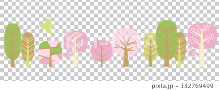 Illustration of spring-colored forest trees and birds Illustration of spring-colored forest trees and birds 132769499