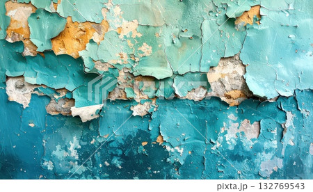 《AI画像》劣化して塗装の剥がれた青い壁 132769543