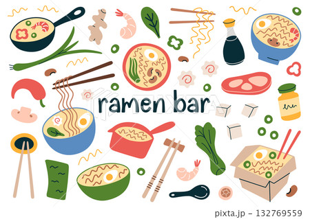 Collection of flat cartoon illustrations on ramen theme with bowls of noodles, broth and ingredients. Japanese food concept for menu design, restaurant branding, recipe cards and vector ramen bar set 132769559