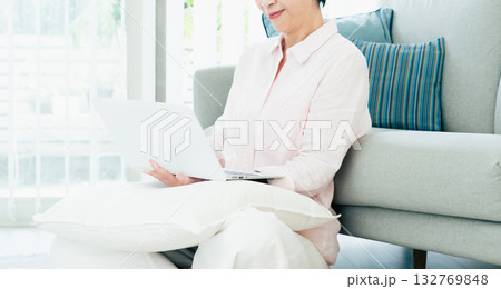 リビングでパソコンを操作する中高年女性 132769848