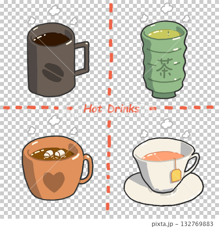 手繪熱飲套裝(咖啡、茶、可可、綠茶)可愛咖啡館插畫 手繪熱飲套裝(咖啡、茶、可可、綠茶)可愛咖啡館插畫 132769883