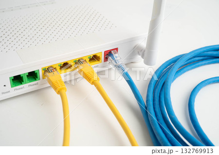 Ethernet cable with wireless router connect to internet service provider network. 132769913