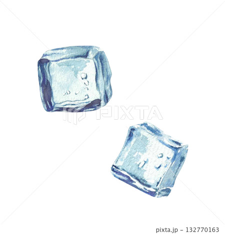 Ice cubes watercolor painted realistic illustration. Blue, square two piece of ice cubes hand drawn clipart isolated from white background for drinks menu, cocktail, juices and lemonades price list. 132770163