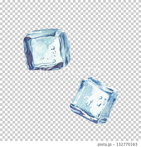 Ice cubes watercolor painted realistic illustration. Blue, square two piece of ice cubes hand drawn clipart isolated from white background for drinks menu, cocktail, juices and lemonades price list. 132770163