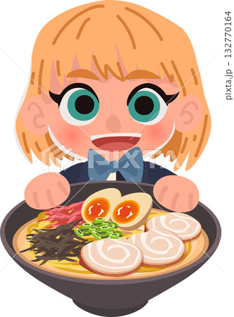 cute anime style girl holding ramen noodles. child character smiling with ramen bowl 132770164