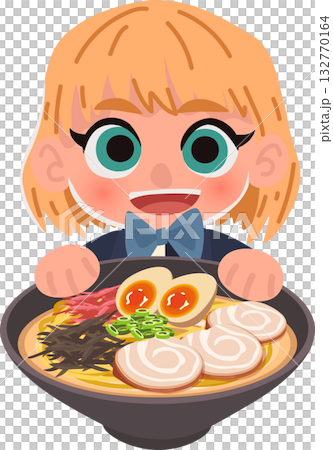 cute anime style girl holding ramen noodles. child character smiling with ramen bowl 132770164