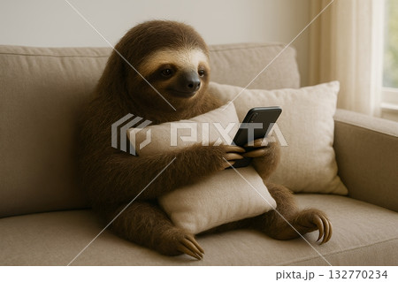 ソファでスマホ見るナマケモノ　クッションを持ってリラックス　休日　ダラダラ過ごす 132770234