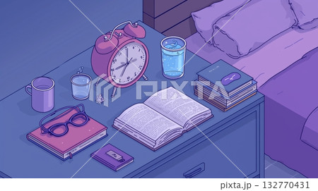 ベッドサイドに置かれた時計と本の夜のイラスト 132770431