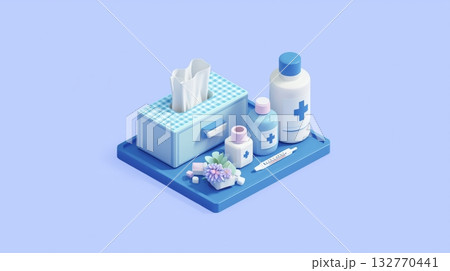 医療用品とティッシュをまとめた等角アイソメトリック図 132770441