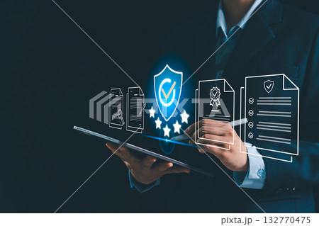 Quality assurance, certification concept emphasizes five-star service, compliance document, verified standard supporting perfect branding, trust building, product credibility, delivering top service 132770475