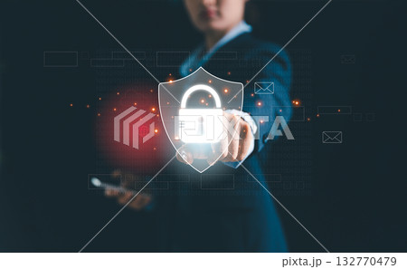 Businesswoman stands before virtual security system, futuristic technology like biometric fingerprint scanner, password, key access to guard sensitive data-illustrating concept of digital protection. Businesswoman stands before virtual security system, futuristic technology like biometric fingerprint scanner, password, key access to guard sensitive data-illustrating concept of digital protection. 132770479
