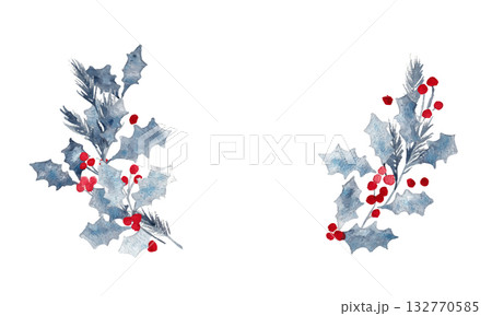 水彩画のクリスマスフレーム。ヒイラギの水彩画イラスト。モノクロカラーのクリスマス素材。背景フレーム。 水彩画のクリスマスフレーム。ヒイラギの水彩画イラスト。モノクロカラーのクリスマス素材。背景フレーム。 132770585