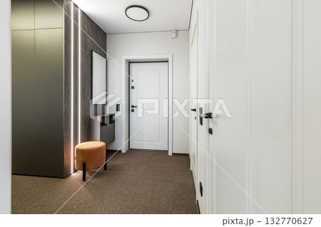 Minimalist Entryway with LED Lighting and White Door Minimalist Entryway with LED Lighting and White Door 132770627