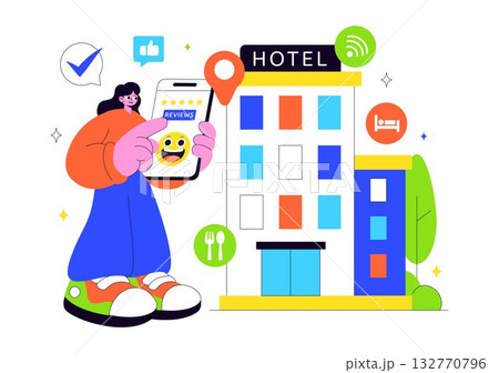 Hotel Reviews Vector Illustration Featuring Rating Services, User Satisfaction, and Customer Experiences in a Flat Style Cartoon Background 132770796