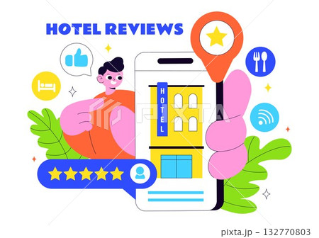 Hotel Reviews Vector Illustration Featuring Rating Services, User Satisfaction, and Customer Experiences in a Flat Style Cartoon Background 132770803