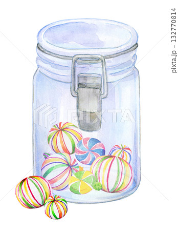 水彩イラスト　手描きイラスト　ガラス瓶の中のキャンディ 132770814