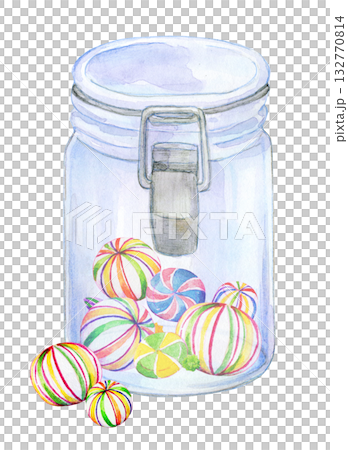 水彩イラスト　手描きイラスト　ガラス瓶の中のキャンディ 132770814