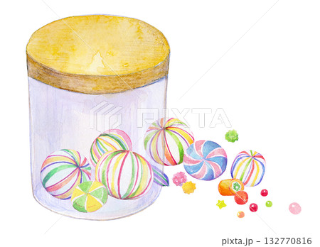 水彩イラスト　手描きイラスト　ガラス瓶の中のキャンディ 132770816