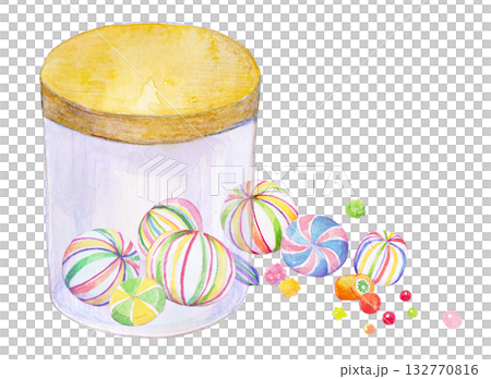水彩イラスト　手描きイラスト　ガラス瓶の中のキャンディ 132770816