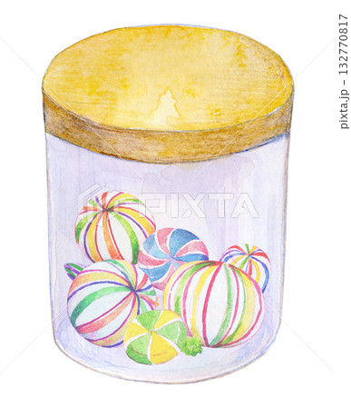 水彩イラスト　手描きイラスト　ガラス瓶の中のキャンディ 132770817