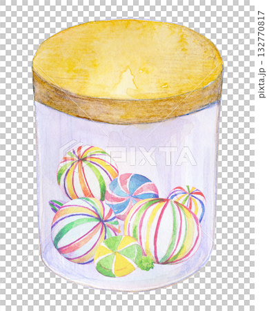 水彩イラスト　手描きイラスト　ガラス瓶の中のキャンディ 132770817