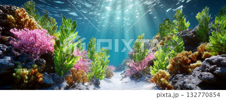 Sunlight beams through clear water onto vibrant coral reef, green seaweed, pink and orange coral, creating peaceful underwater scene Sunlight beams through clear water onto vibrant coral reef, green seaweed, pink and orange coral, creating peaceful underwater scene 132770854