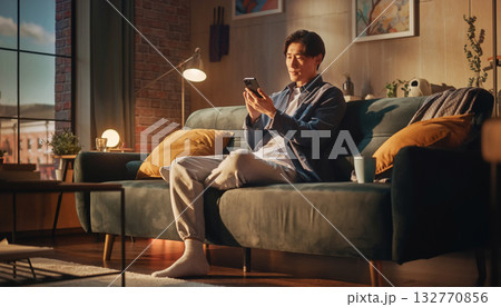 ソファでくつろぎながらスマートフォンを操作する高画質シーン ソファでくつろぎながらスマートフォンを操作する高画質シーン 132770856