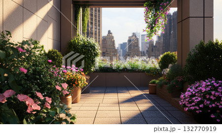 Urban rooftop garden with city view, blooming flowers, green plants, morning sunlight, peaceful atmosphere, outdoor terrace 132770919
