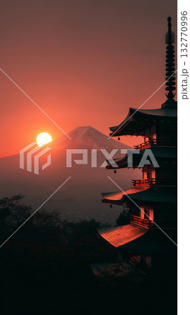 Traditional pagoda mountain sunset silhouette red sky peaceful Japan travel nature landscape serene view 132770996