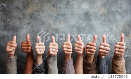 Thumb hand approval gesture success group teamwork positive people unity Multiple hands showing thumbs up against textured background expressing 132770998