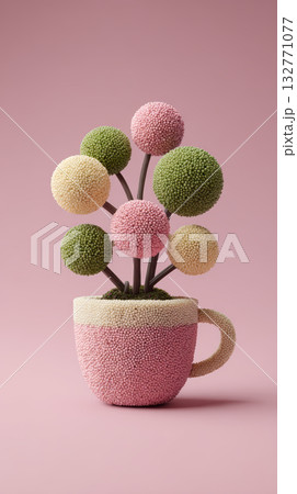 Pink cup round artificial plant pastel green yellow pink textured surface minimal background whimsical decor 132771077
